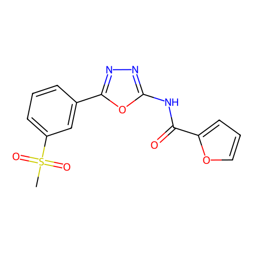 N-[5-(3-methylsulfonylphenyl)-1,3,4-oxadiazol-2-yl]furan-2-carboxamide structure