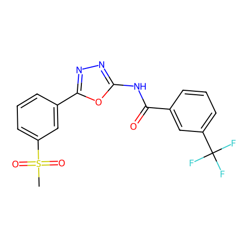 N-[5-(3-methylsulfonylphenyl)-1,3,4-oxadiazol-2-yl]-3-(trifluoromethyl)benzamide structure