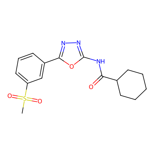 N-[5-(3-methylsulfonylphenyl)-1,3,4-oxadiazol-2-yl]cyclohexanecarboxamide structure