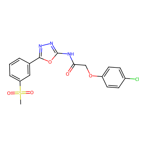 2-(4-chlorophenoxy)-N-[5-(3-methylsulfonylphenyl)-1,3,4-oxadiazol-2-yl]acetamide structure