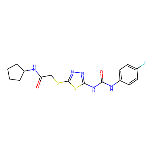 N-cyclopentyl-2-[(5-{[(4-fluorophenyl)carbamoyl]amino}-1,3,4-thiadiazol-2-yl)sulfanyl]acetamide structure