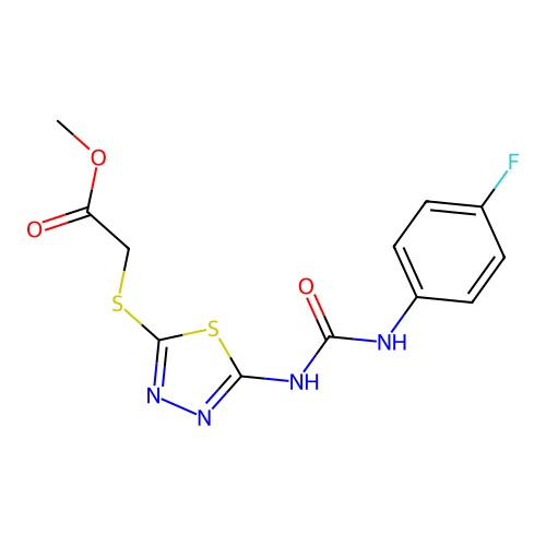 Methyl 2-((5-(3-(4-fluorophenyl)ureido)-1,3,4-thiadiazol-2-yl)thio)acetate structure