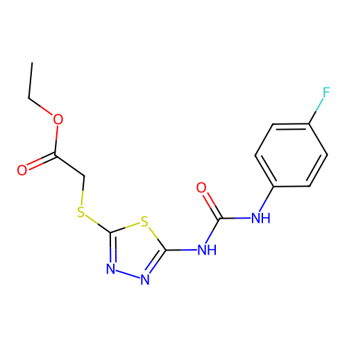 Ethyl 2-((5-(3-(4-fluorophenyl)ureido)-1,3,4-thiadiazol-2-yl)thio)acetate structure