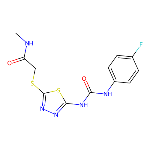 2-((5-(3-(4-fluorophenyl)ureido)-1,3,4-thiadiazol-2-yl)thio)-N-methylacetamide structure