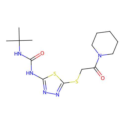 3-tert-butyl-1-(5-{[2-oxo-2-(piperidin-1-yl)ethyl]sulfanyl}-1,3,4-thiadiazol-2-yl)urea structure