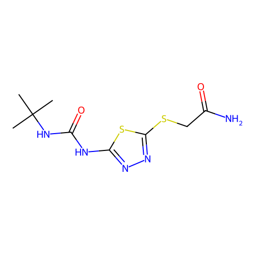 2-[[5-(Tert-butylcarbamoylamino)-1,3,4-thiadiazol-2-yl]sulfanyl]acetamide structure