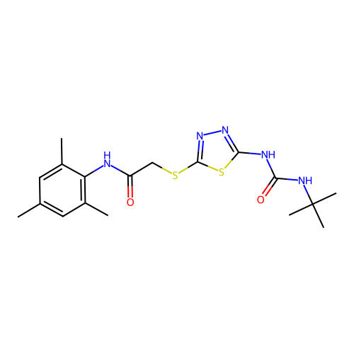 2-((5-(3-(tert-butyl)ureido)-1,3,4-thiadiazol-2-yl)thio)-N-mesitylacetamide structure