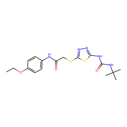 2-({5-[(tert-butylcarbamoyl)amino]-1,3,4-thiadiazol-2-yl}sulfanyl)-N-(4-ethoxyphenyl)acetamide structure