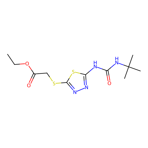 Ethyl 2-[[5-(tert-butylcarbamoylamino)-1,3,4-thiadiazol-2-yl]sulfanyl]acetate structure