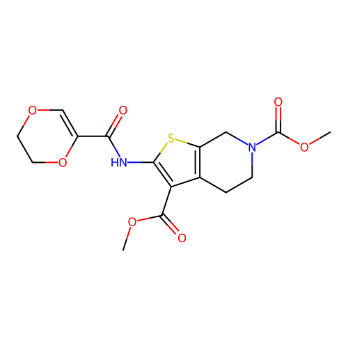 3,6-dimethyl 2-(5,6-dihydro-1,4-dioxine-2-amido)-4H,5H,6H,7H-thieno[2,3-c]pyridine-3,6-dicarboxylate structure