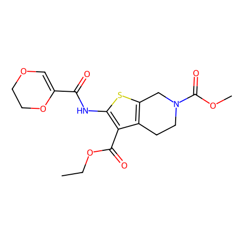 3-ethyl 6-methyl 2-(5,6-dihydro-1,4-dioxine-2-carboxamido)-4,5-dihydrothieno[2,3-c]pyridine-3,6(7H)-dicarboxylate structure