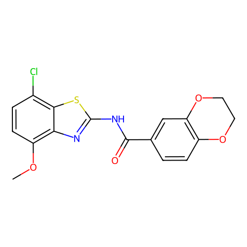 N-(7-chloro-4-methoxy-1,3-benzothiazol-2-yl)-2,3-dihydro-1,4-benzodioxine-6-carboxamide structure