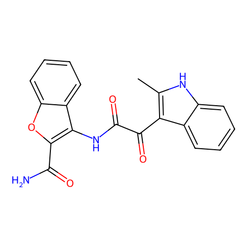 3-(2-(2-methyl-1H-indol-3-yl)-2-oxoacetamido)benzofuran-2-carboxamide structure