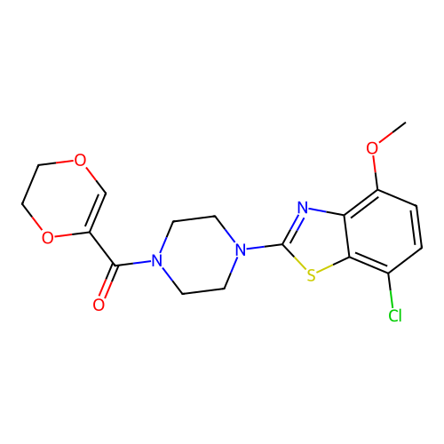 7-chloro-2-[4-(5,6-dihydro-1,4-dioxine-2-carbonyl)piperazin-1-yl]-4-methoxy-1,3-benzothiazole structure