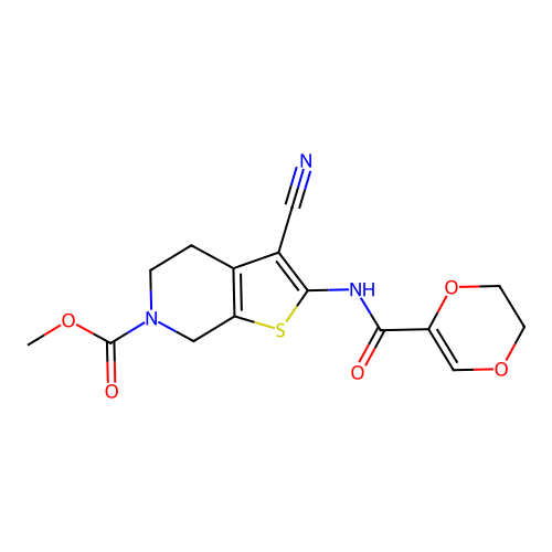 methyl 3-cyano-2-(5,6-dihydro-1,4-dioxine-2-amido)-4H,5H,6H,7H-thieno[2,3-c]pyridine-6-carboxylate structure