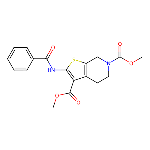 dimethyl 2-benzamido-4,5-dihydrothieno[2,3-c]pyridine-3,6(7H)-dicarboxylate structure