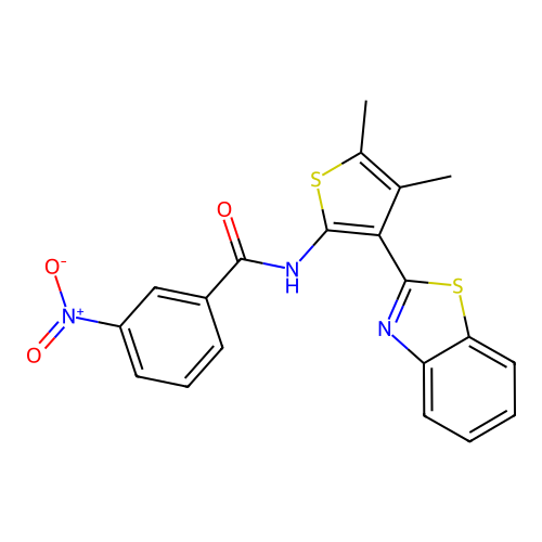 N-[3-(1,3-benzothiazol-2-yl)-4,5-dimethylthiophen-2-yl]-3-nitrobenzamide structure