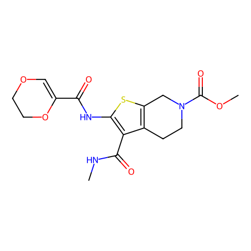 methyl 2-(5,6-dihydro-1,4-dioxine-2-amido)-3-(methylcarbamoyl)-4H,5H,6H,7H-thieno[2,3-c]pyridine-6-carboxylate structure