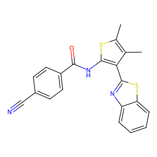 N-(3-(benzo[d]thiazol-2-yl)-4,5-dimethylthiophen-2-yl)-4-cyanobenzamide structure