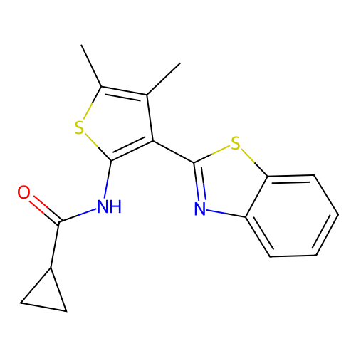 N-(3-(benzo[d]thiazol-2-yl)-4,5-dimethylthiophen-2-yl)cyclopropanecarboxamide structure