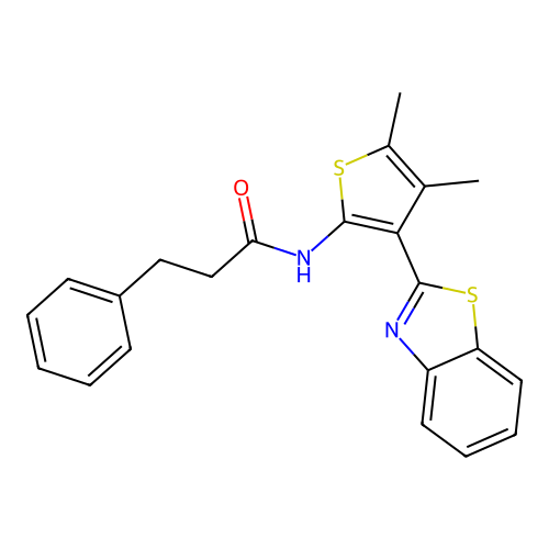 N-(3-(benzo[d]thiazol-2-yl)-4,5-dimethylthiophen-2-yl)-3-phenylpropanamide structure