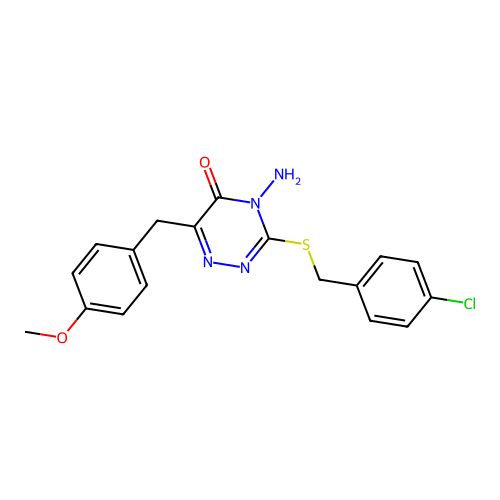4-amino-3-((4-chlorobenzyl)thio)-6-(4-methoxybenzyl)-1,2,4-triazin-5(4H)-one structure
