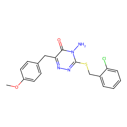 4-amino-3-((2-chlorobenzyl)thio)-6-(4-methoxybenzyl)-1,2,4-triazin-5(4H)-one structure