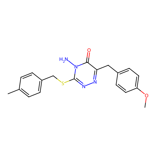 4-amino-6-(4-methoxybenzyl)-3-((4-methylbenzyl)thio)-1,2,4-triazin-5(4H)-one structure