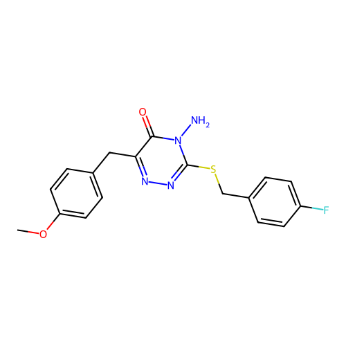 4-amino-3-((4-fluorobenzyl)thio)-6-(4-methoxybenzyl)-1,2,4-triazin-5(4H)-one structure
