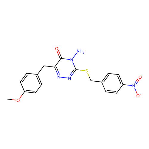 4-amino-6-(4-methoxybenzyl)-3-((4-nitrobenzyl)thio)-1,2,4-triazin-5(4H)-one structure