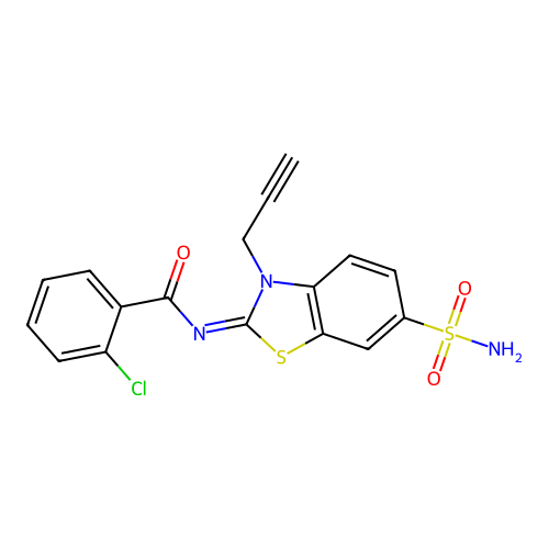 2-chloro-N-(3-prop-2-ynyl-6-sulfamoyl-1,3-benzothiazol-2-ylidene)benzamide structure