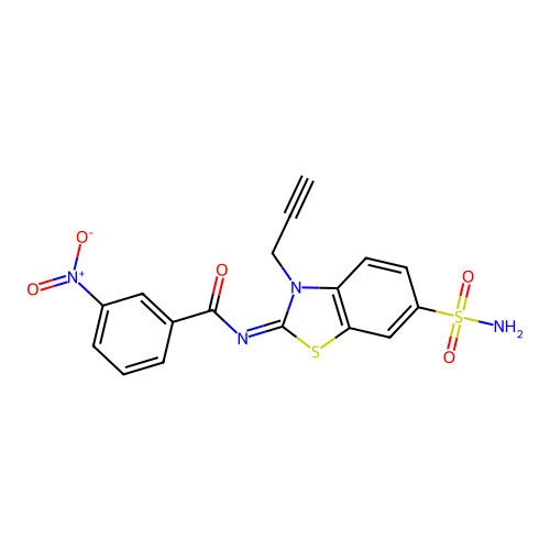 3-nitro-N-(3-prop-2-ynyl-6-sulfamoyl-1,3-benzothiazol-2-ylidene)benzamide structure