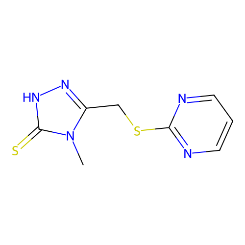 4-methyl-3-(pyrimidin-2-ylsulfanylmethyl)-1H-1,2,4-triazole-5-thione structure