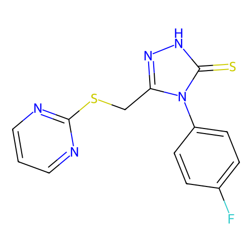 4-(4-fluorophenyl)-5-[(pyrimidin-2-ylthio)methyl]-4{H}-1,2,4-triazole-3-thiol structure