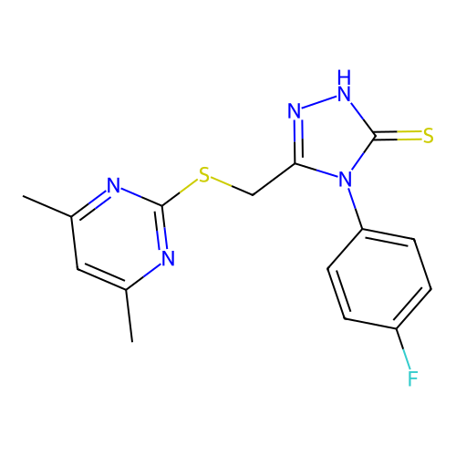 5-{[(4,6-dimethylpyrimidin-2-yl)thio]methyl}-4-(4-fluorophenyl)-4H-1,2,4-triazole-3-thiol structure