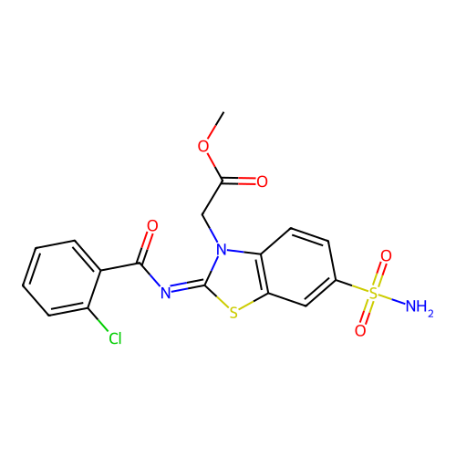 Methyl 2-[2-(2-chlorobenzoyl)imino-6-sulfamoyl-1,3-benzothiazol-3-yl]acetate structure