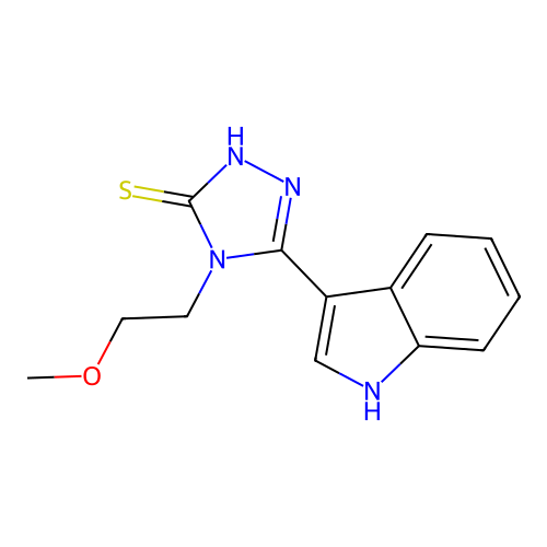 5-(1{H}-indol-3-yl)-4-(2-methoxyethyl)-4{H}-1,2,4-triazole-3-thiol structure