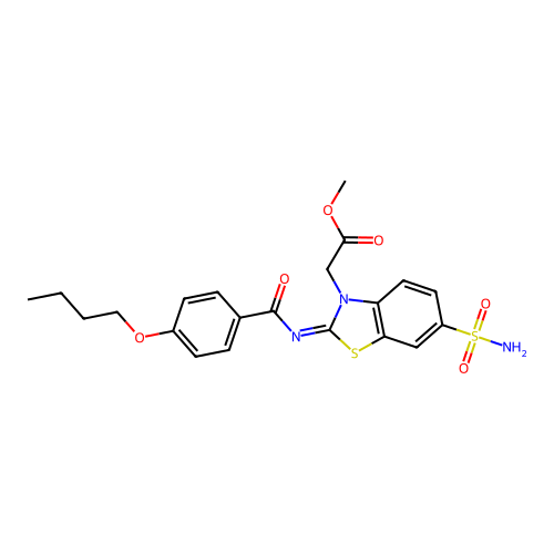 Methyl 2-[2-(4-butoxybenzoyl)imino-6-sulfamoyl-1,3-benzothiazol-3-yl]acetate structure
