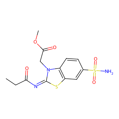Methyl 2-(2-propanoylimino-6-sulfamoyl-1,3-benzothiazol-3-yl)acetate structure