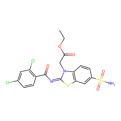 Ethyl 2-[2-(2,4-dichlorobenzoyl)imino-6-sulfamoyl-1,3-benzothiazol-3-yl]acetate structure