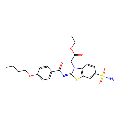 Ethyl 2-[2-(4-butoxybenzoyl)imino-6-sulfamoyl-1,3-benzothiazol-3-yl]acetate structure
