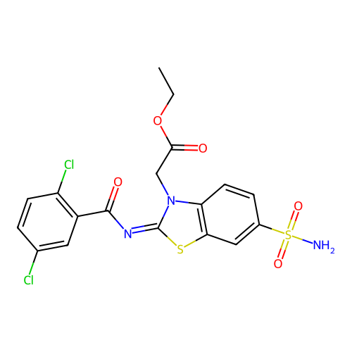 Ethyl 2-[2-(2,5-dichlorobenzoyl)imino-6-sulfamoyl-1,3-benzothiazol-3-yl]acetate structure