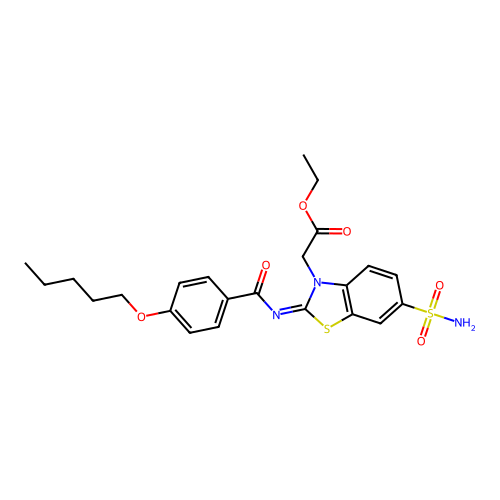Ethyl 2-[2-(4-pentoxybenzoyl)imino-6-sulfamoyl-1,3-benzothiazol-3-yl]acetate structure