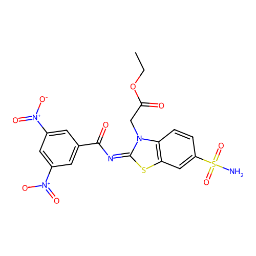 Ethyl 2-[2-(3,5-dinitrobenzoyl)imino-6-sulfamoyl-1,3-benzothiazol-3-yl]acetate structure