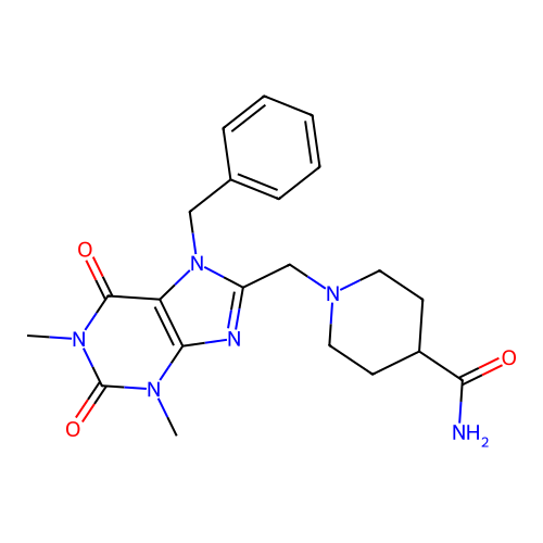 1-((7-benzyl-1,3-dimethyl-2,6-dioxo-2,3,6,7-tetrahydro-1H-purin-8-yl)methyl)piperidine-4-carboxamide structure