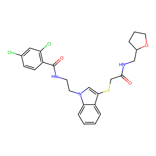 2,4-dichloro-N-(2-(3-((2-oxo-2-(((tetrahydrofuran-2-yl)methyl)amino)ethyl)thio)-1H-indol-1-yl)ethyl)benzamide structure