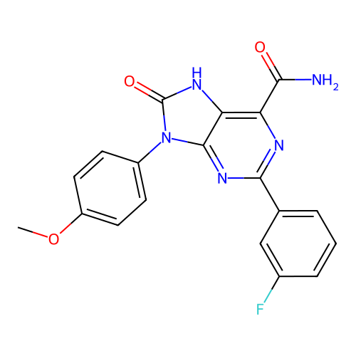 2-(3-fluorophenyl)-9-(4-methoxyphenyl)-8-oxo-8,9-dihydro-7H-purine-6-carboxamide structure