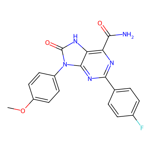 2-(4-fluorophenyl)-9-(4-methoxyphenyl)-8-oxo-8,9-dihydro-7H-purine-6-carboxamide structure