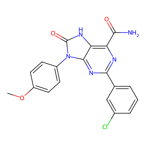 2-(3-chlorophenyl)-9-(4-methoxyphenyl)-8-oxo-8,9-dihydro-7H-purine-6-carboxamide structure