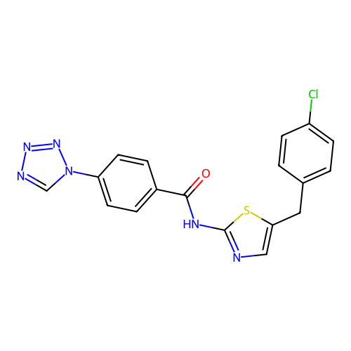 N-[5-[(4-chlorophenyl)methyl]-1,3-thiazol-2-yl]-4-(tetrazol-1-yl)benzamide structure